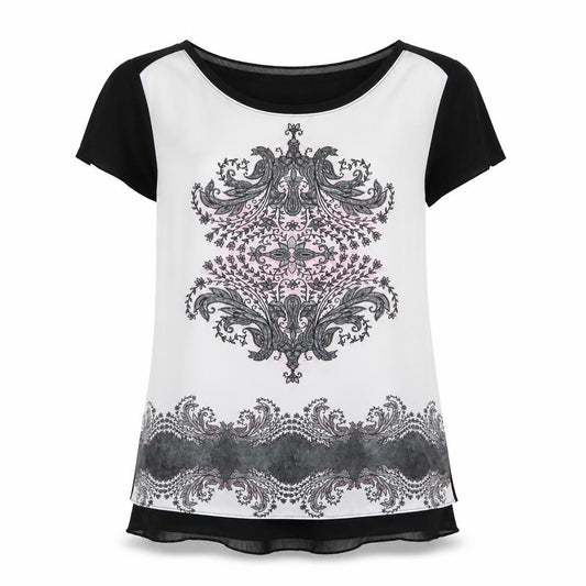 Front view of Per Una women’s multicoloured geometric polyester basic t-shirt, size UK 8, round neck