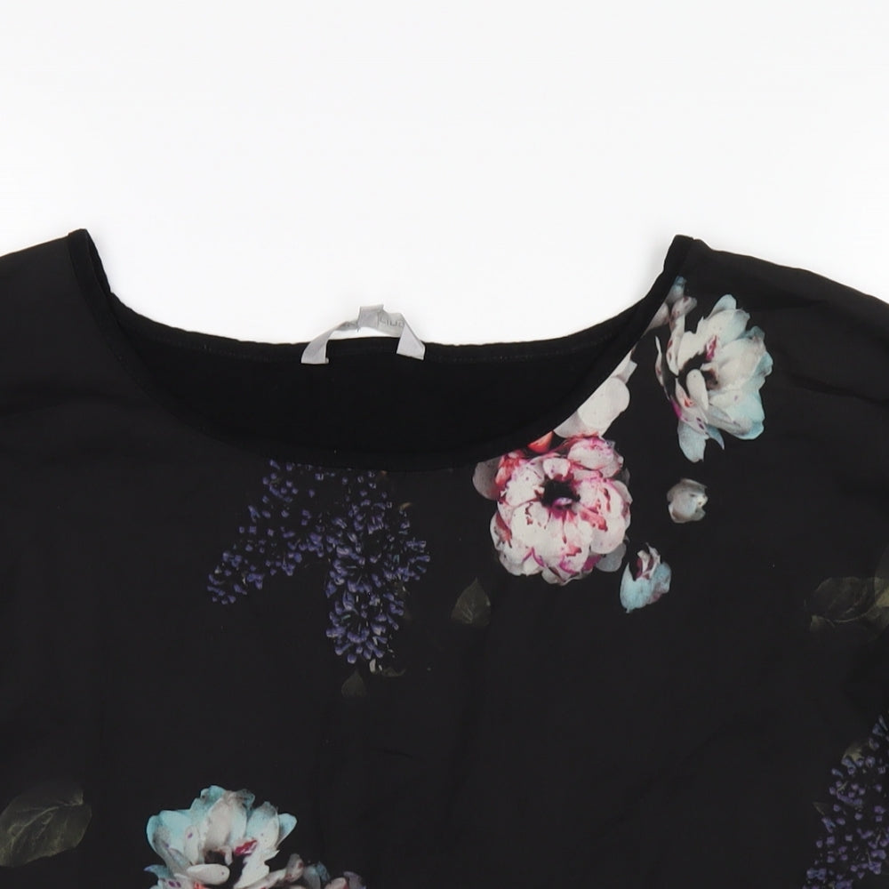 Red Herring Womens Black Floral Viscose Basic T-Shirt Size 18 Round Neck