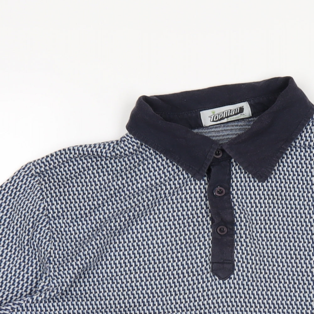 Topman Mens Blue Geometric Cotton Polo Size XL Collared Button