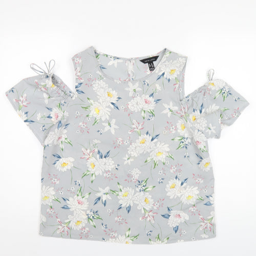 New Look Womens Grey Floral Polyester Basic T-Shirt Size 14 Round Neck