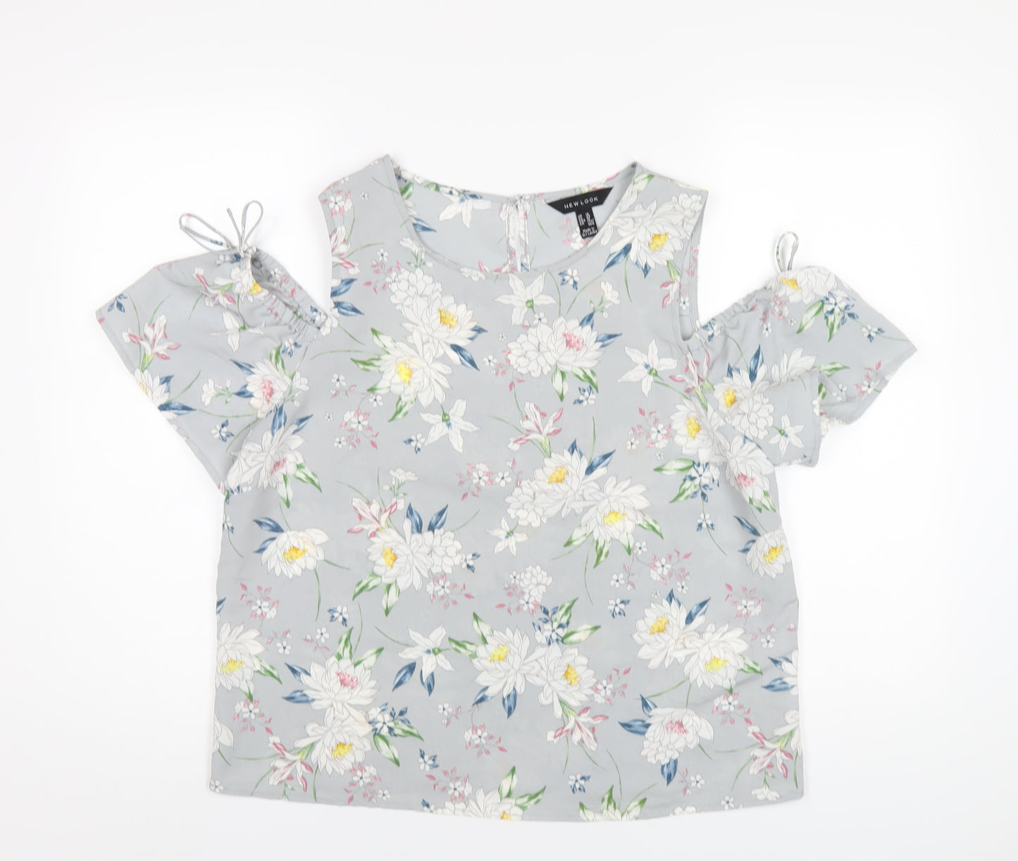 New Look Womens Grey Floral Polyester Basic T-Shirt Size 14 Round Neck