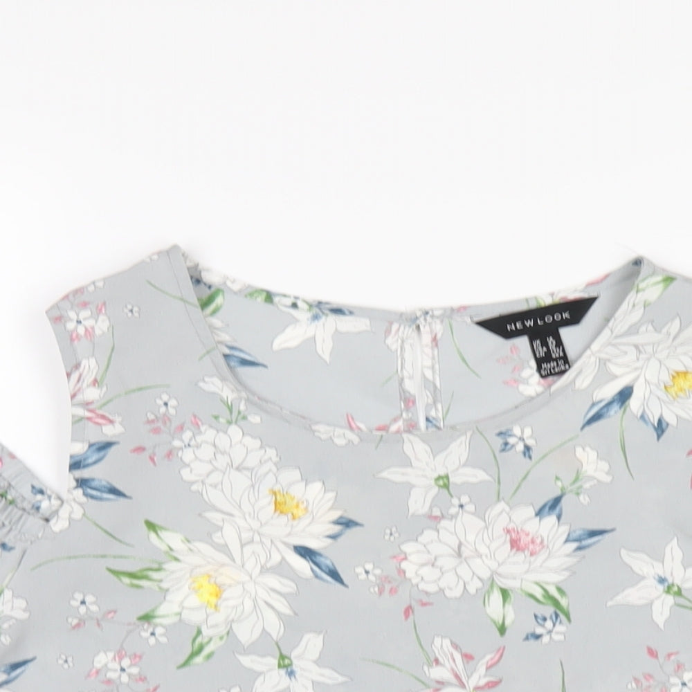 New Look Womens Grey Floral Polyester Basic T-Shirt Size 14 Round Neck