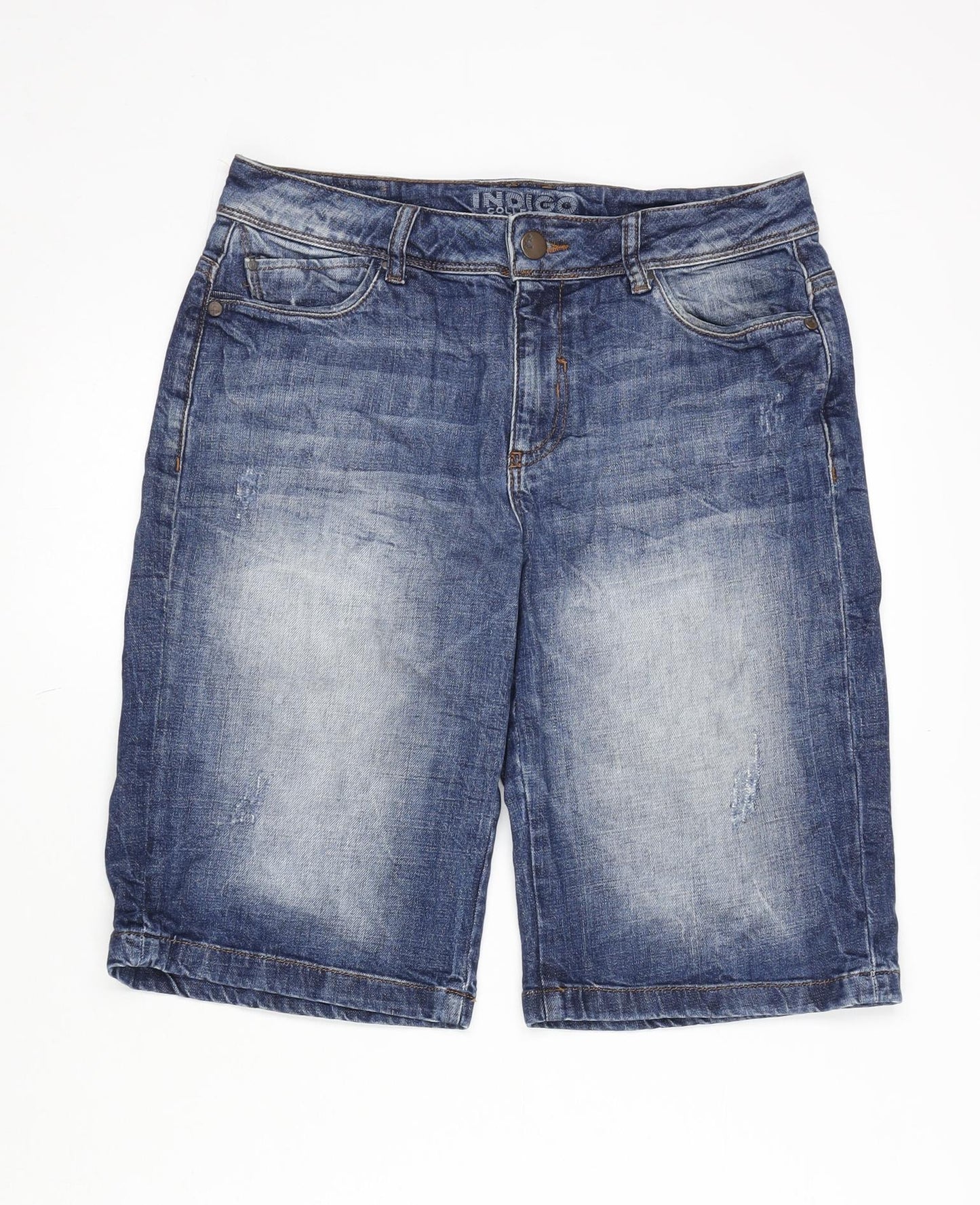 Indigo Womens Blue 100% Cotton Bermuda Shorts Size 10 L11 in Regular Zip - Distressed