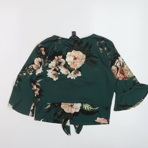 New Look Womens Green Floral Polyester Cropped Blouse Size 12 V-Neck