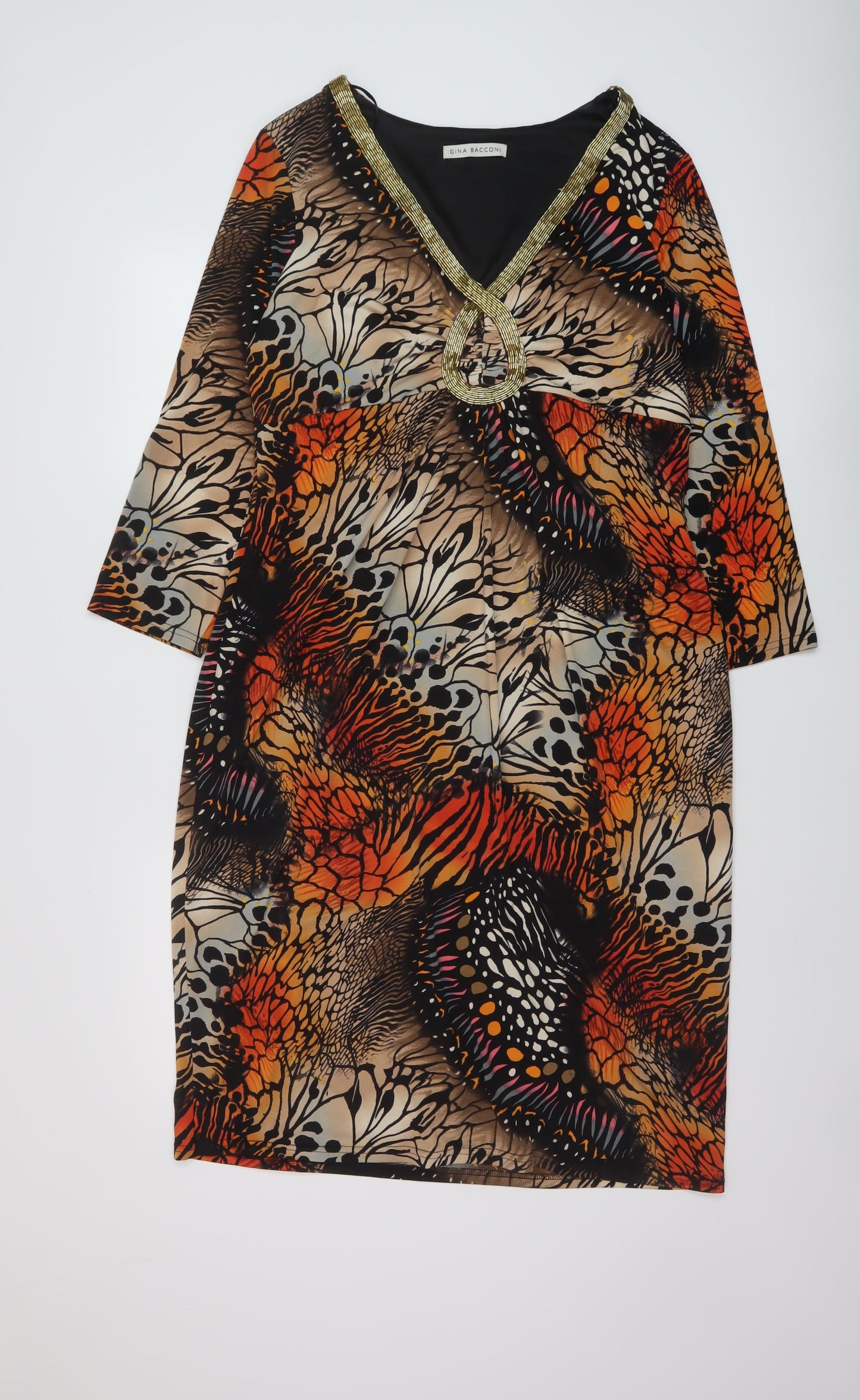 Gina Bacconi Womens Multicoloured Geometric Polyester Sheath Size 16 V-Neck Pullover