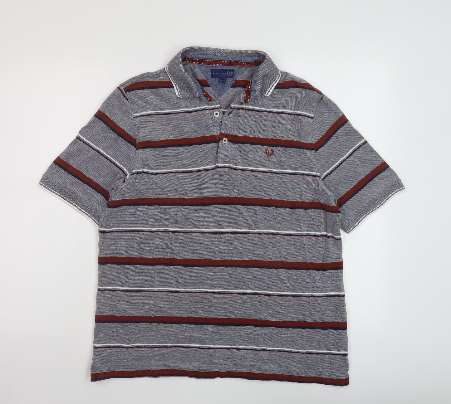 Lincoln Mens Grey Striped Cotton Polo Size L Collared Pullover
