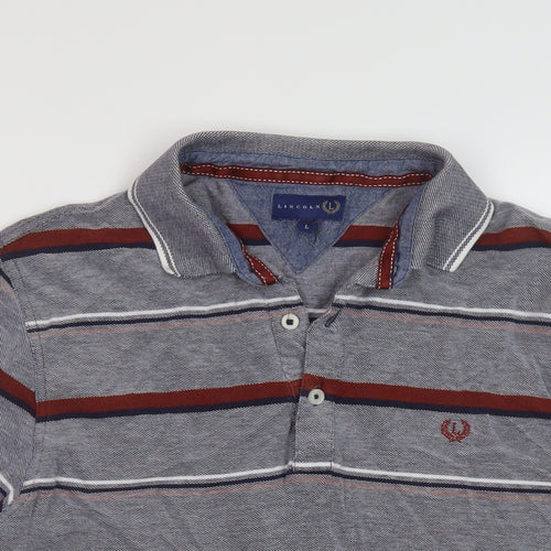 Lincoln Mens Grey Striped Cotton Polo Size L Collared Pullover
