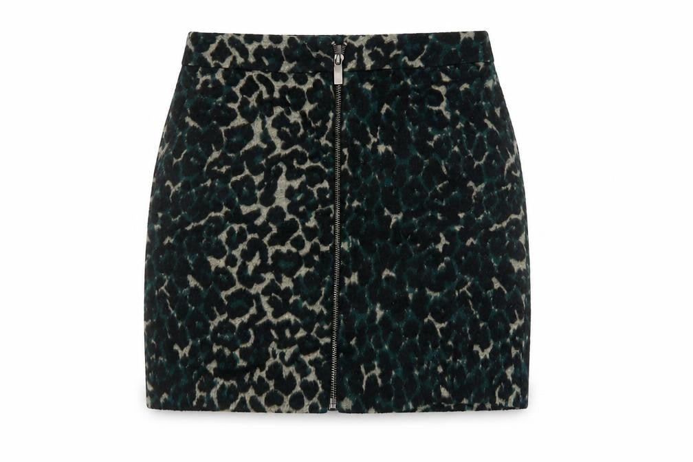 Front view of Oasis women’s green animal print polyester mini skirt, size UK 8, zip