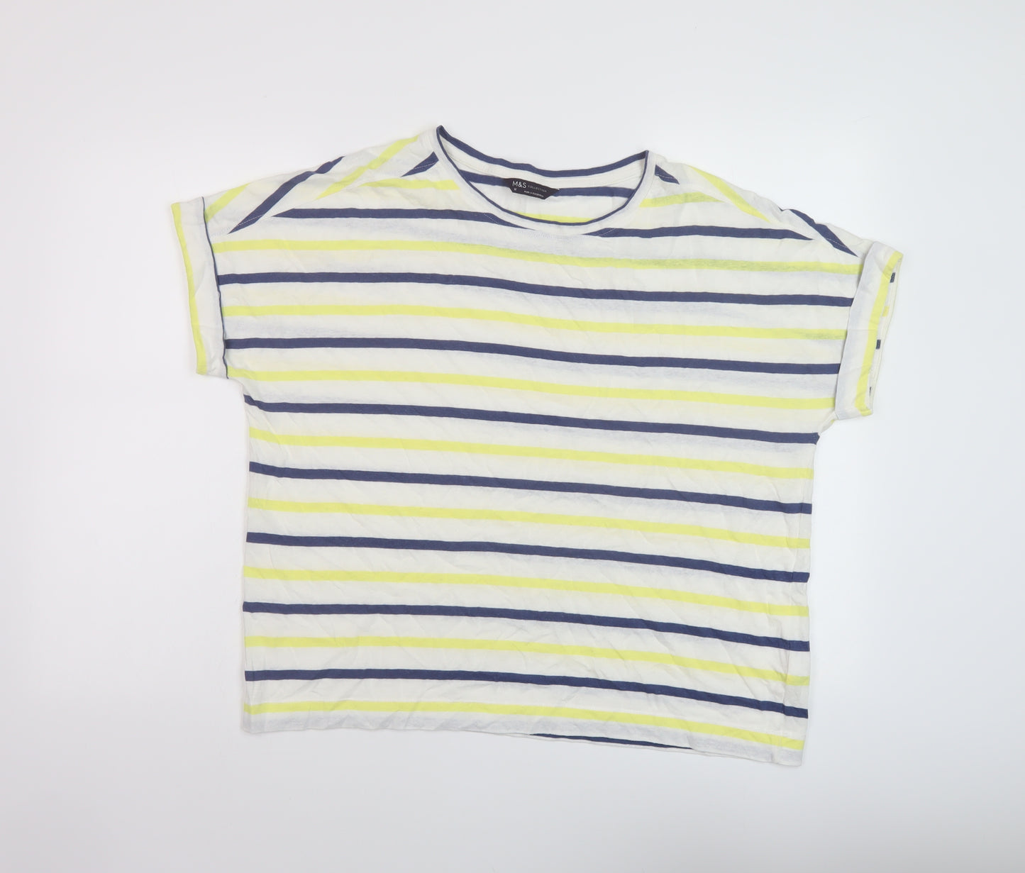 Marks and Spencer Womens Multicoloured Striped Linen Basic T-Shirt Size 16 Round Neck