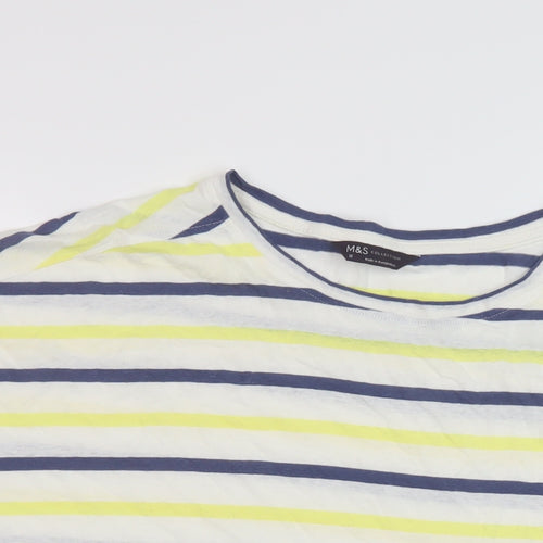 Marks and Spencer Womens Multicoloured Striped Linen Basic T-Shirt Size 16 Round Neck