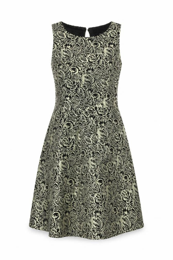Front view of Missguided women’s gold geometric polyester a-line, size UK 12, round neck button