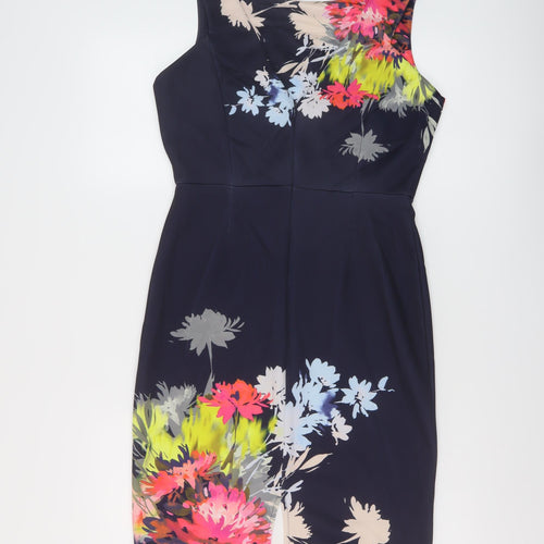 NEXT Womens Blue Floral Polyester Sheath Size 12 Round Neck Zip