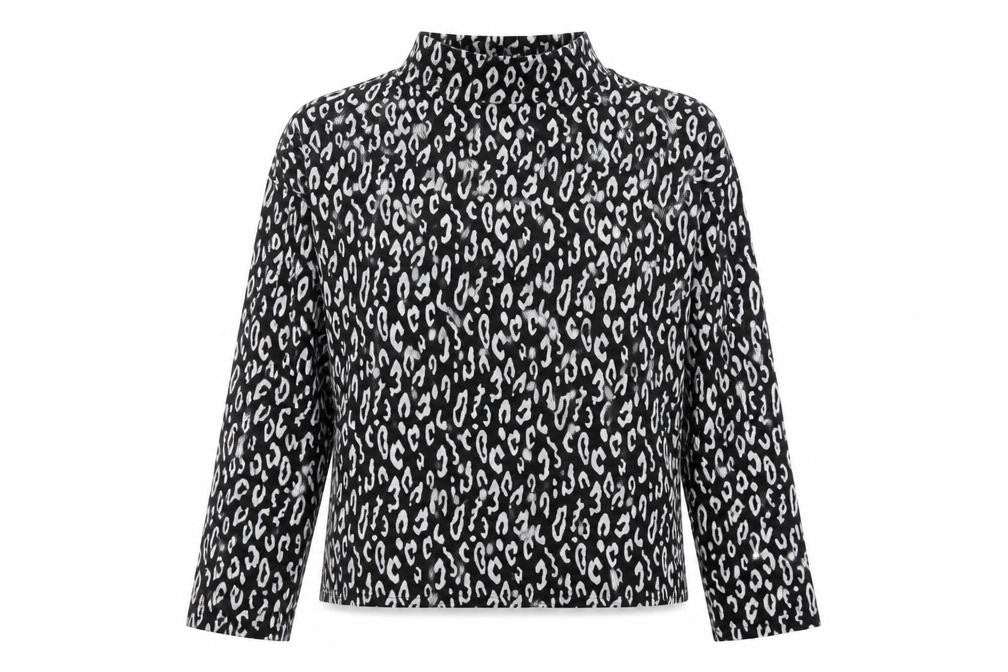 Front view of New Look women’s black mock neck animal print polyester jumper, size M
