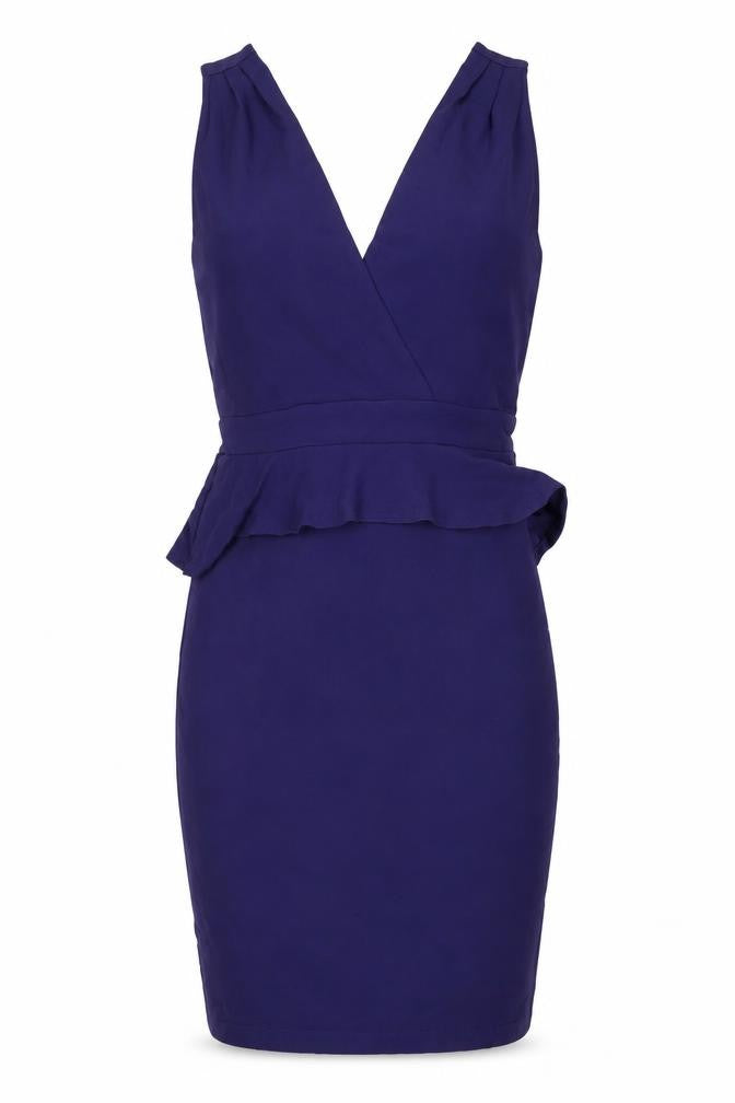 Front view of Warehouse women’s purple viscose bodycon, size UK 12, v-neck pullover