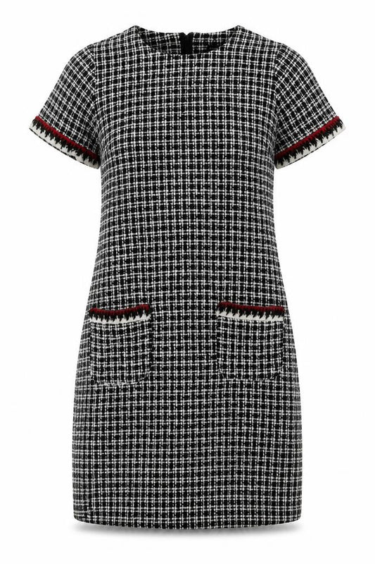 Front view of Dorothy Perkins women’s black geometric cotton a-line, size UK 12, round neck zip