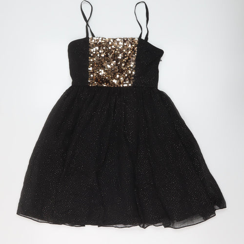 Monsoon Girls Black Polyester Skater Dress Size 11 Years Square Neck Zip