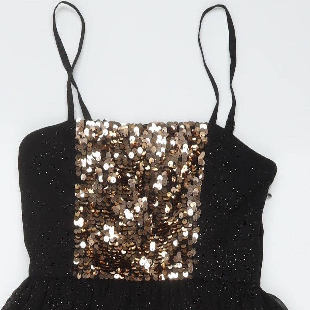 Monsoon Girls Black Polyester Skater Dress Size 11 Years Square Neck Zip