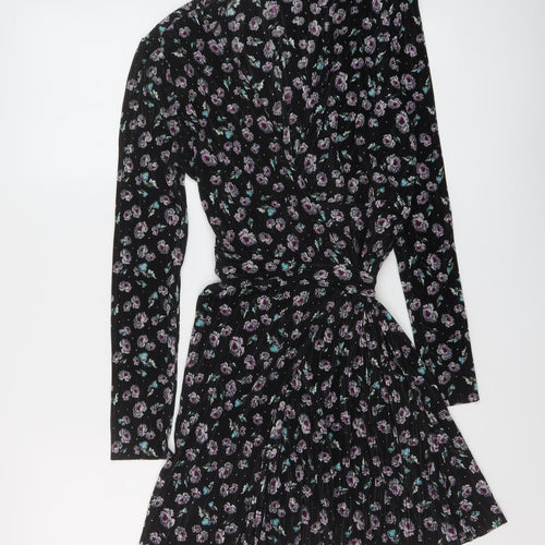 Topshop Womens Black Floral Polyester Wrap Dress Size 10 V-Neck Tie