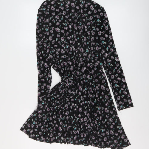 Topshop Womens Black Floral Polyester Wrap Dress Size 10 V-Neck Tie