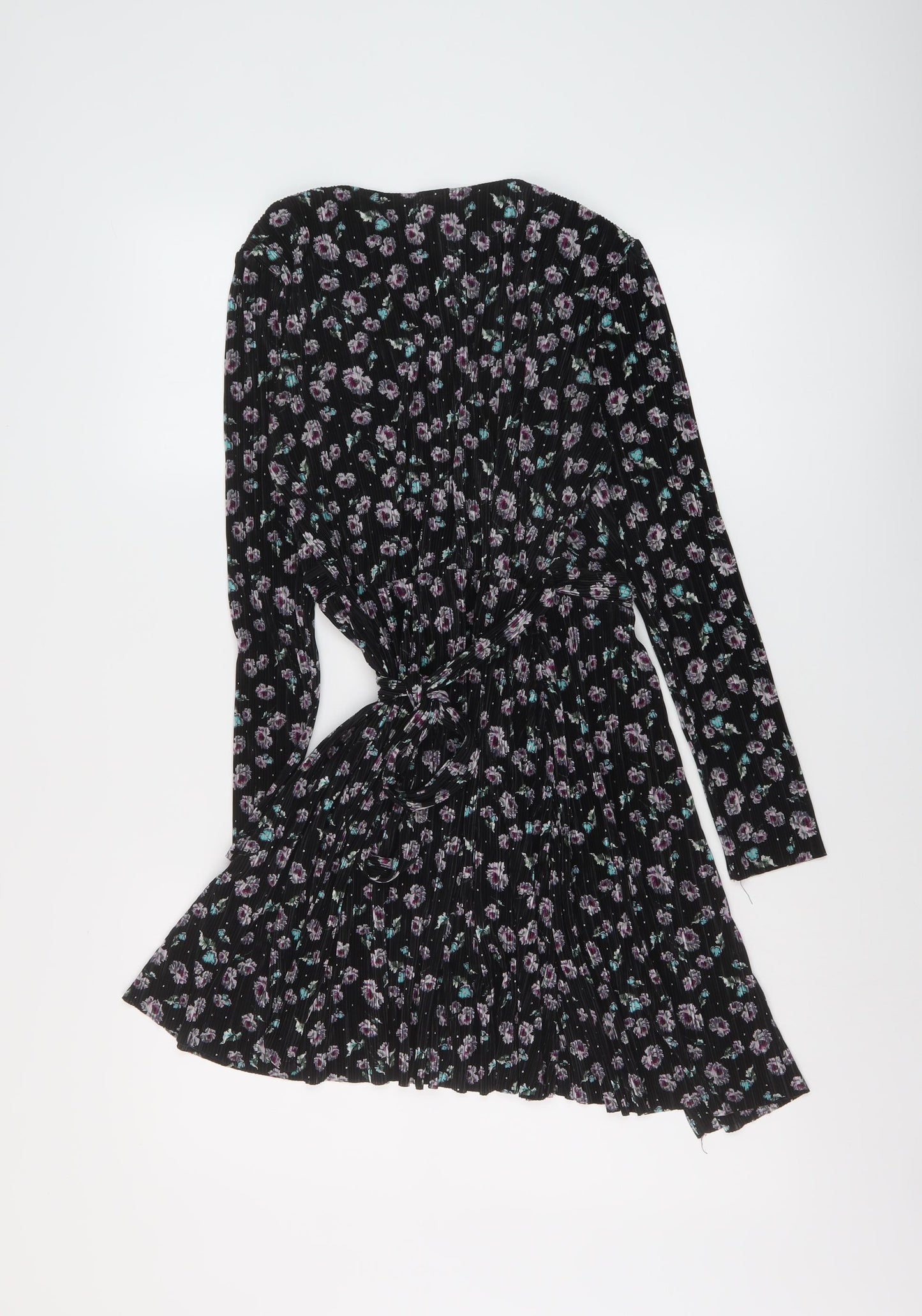 Topshop Womens Black Floral Polyester Wrap Dress Size 10 V-Neck Tie