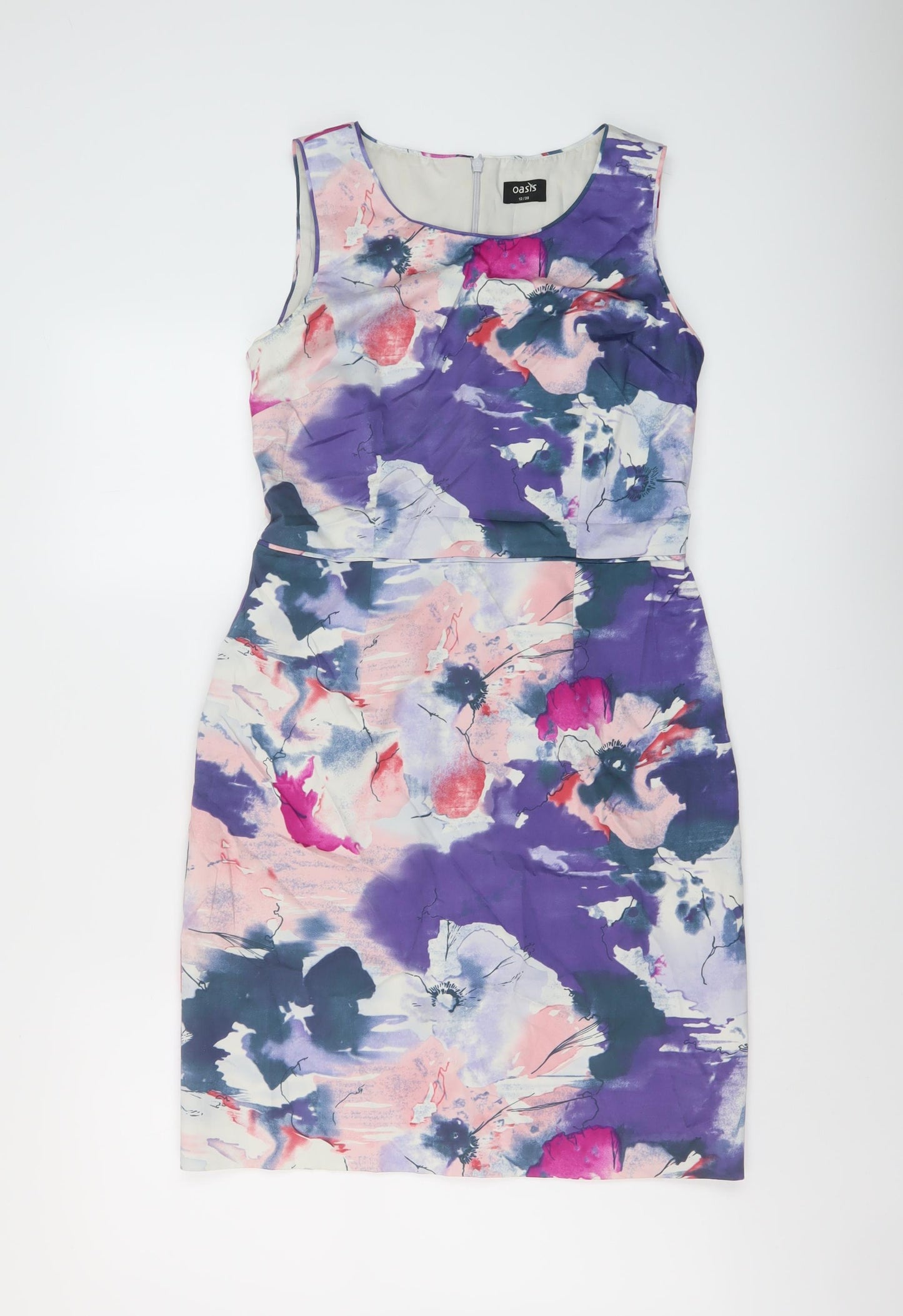 Oasis Womens Multicoloured Geometric Cotton Sheath Size 12 Round Neck Zip