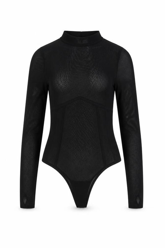 Front view of ASOS women’s black polyester bodysuit one-piece, size UK 8, snap