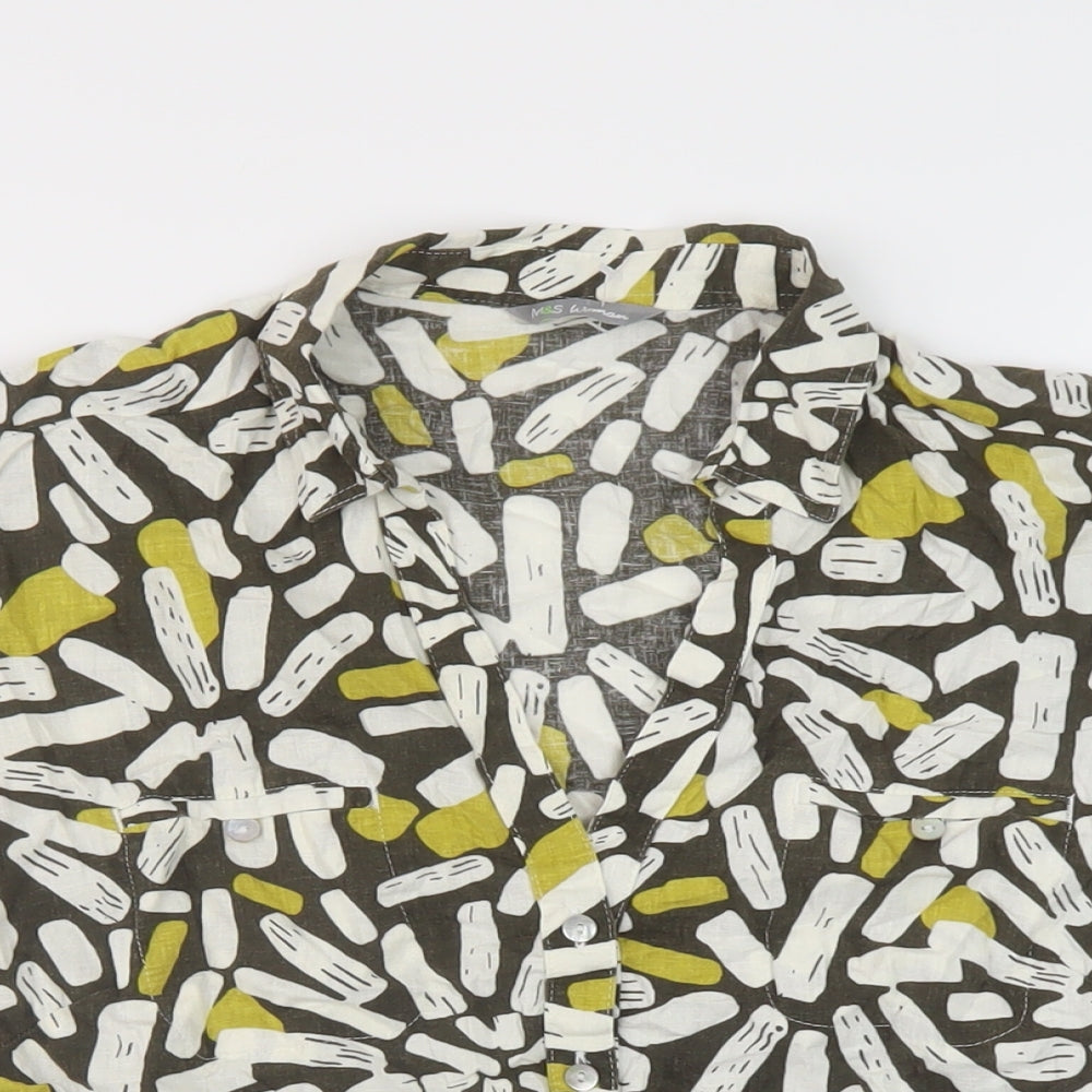 Marks and Spencer Womens Multicoloured Geometric Linen Basic Button-Up Size 10 Collared