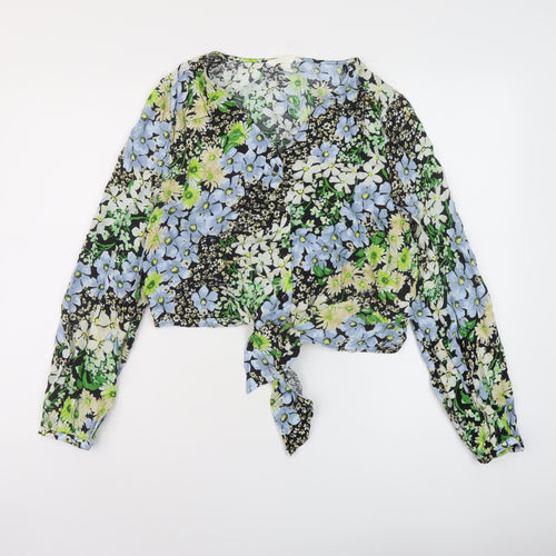 H&M Womens Multicoloured Floral Viscose Cropped Blouse Size S V-Neck