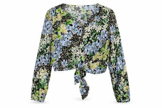 Front view of H&M women’s multicoloured floral viscose cropped blouse, size S, v-neck