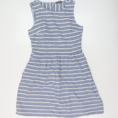 Oasis Womens Blue Striped Cotton A-Line Size 12 Round Neck Button