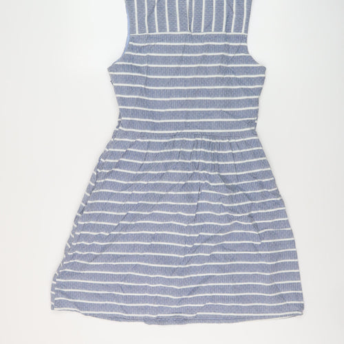 Oasis Womens Blue Striped Cotton A-Line Size 12 Round Neck Button