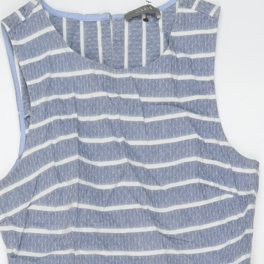 Oasis Womens Blue Striped Cotton A-Line Size 12 Round Neck Button