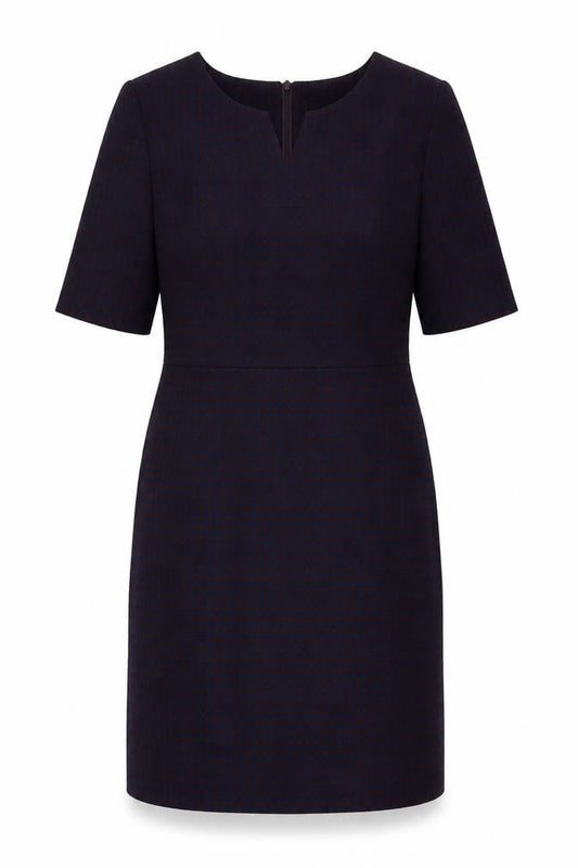 Front view of Carolyn Donnelly women’s blue geometric polyester a-line, size UK 12, round neck zip