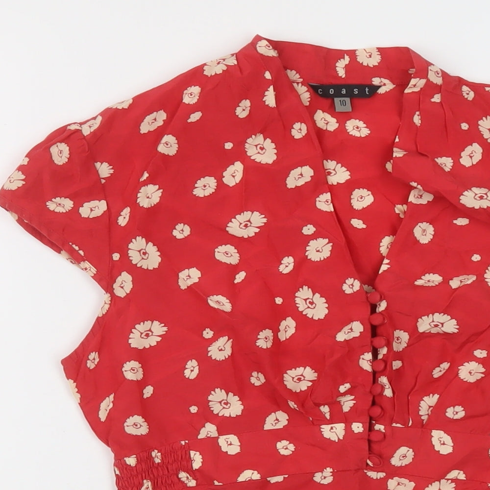 Coast Womens Red Geometric Silk Basic Button-Up Size 10 V-Neck