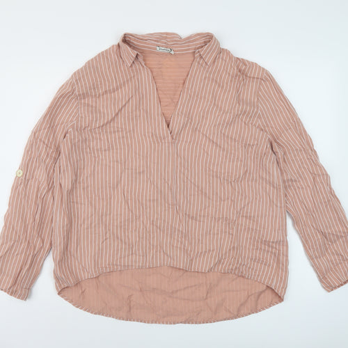 Stradivarius Womens Pink Striped Lyocell Basic Blouse Size M V-Neck