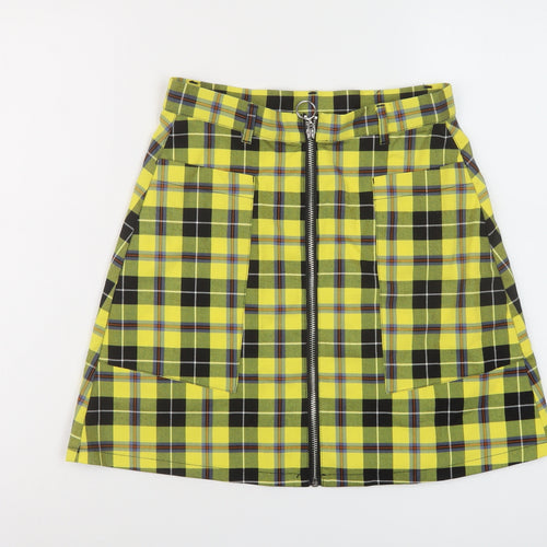 Monki Womens Yellow Plaid Polyester A-Line Skirt Size 8 Zip