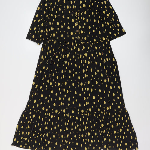 White Stuff Womens Black Geometric Cotton A-Line Size 10 V-Neck Button