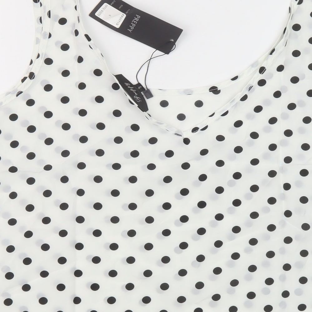 Preppy Womens White Polka Dot Polyester Basic T-Shirt Size S Round Neck