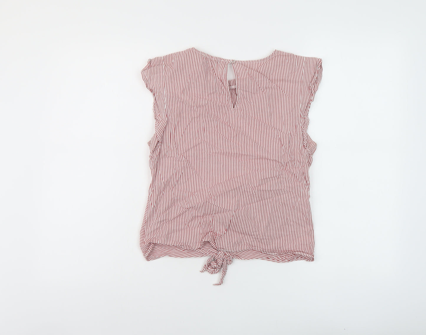 Oasis1 Womens Red Striped Cotton Basic Blouse Size 10 Round Neck