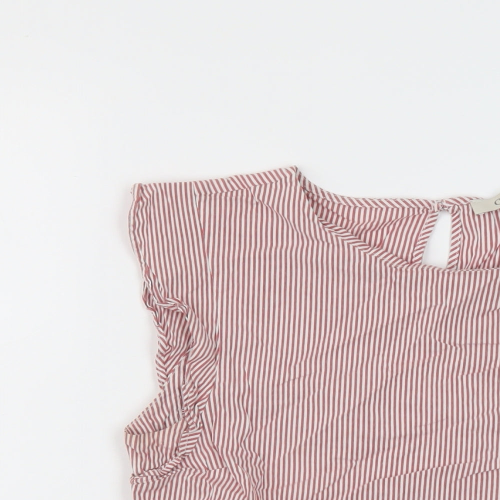 Oasis1 Womens Red Striped Cotton Basic Blouse Size 10 Round Neck