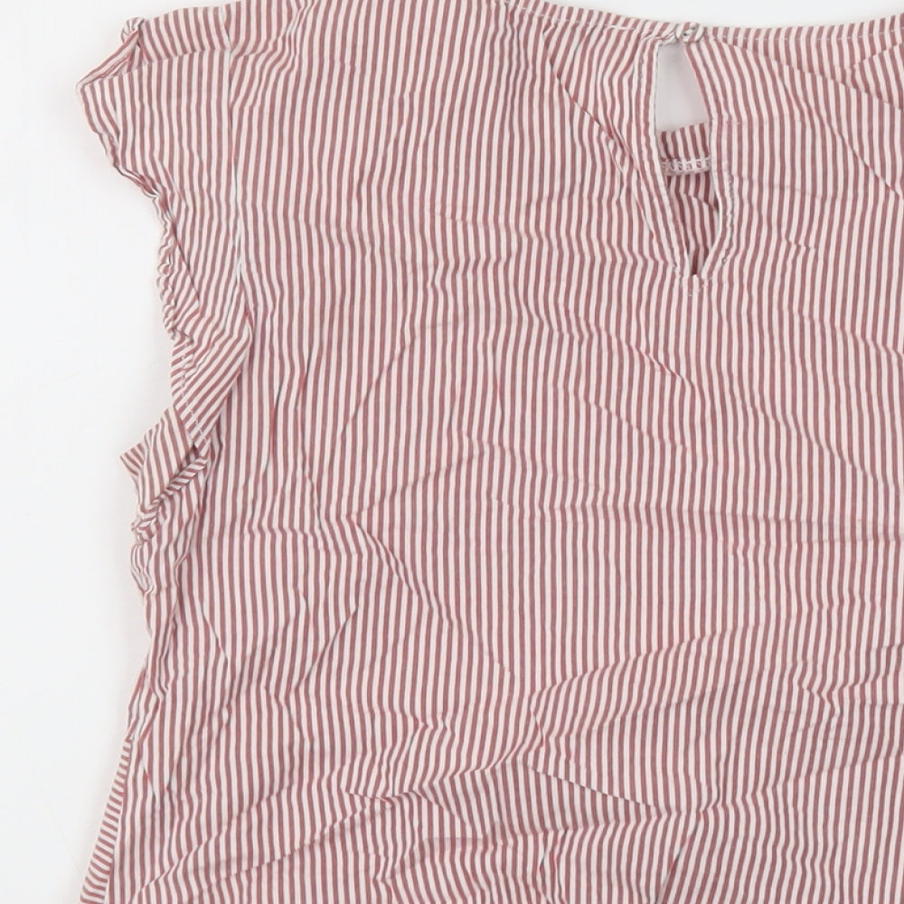 Oasis1 Womens Red Striped Cotton Basic Blouse Size 10 Round Neck