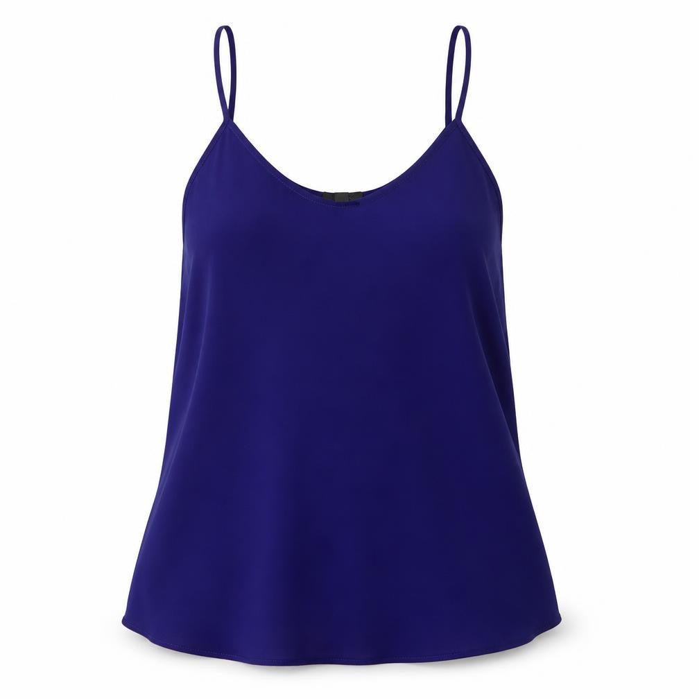 Front view of Topsho[p women’s blue polyester camisole tank, size UK 10, round neck