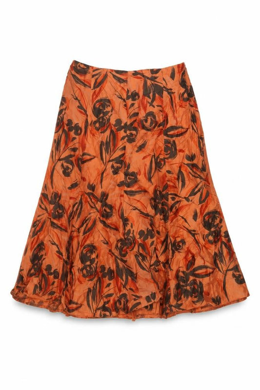 Front view of MINUET women’s orange geometric viscose skater skirt, size UK 10, zip