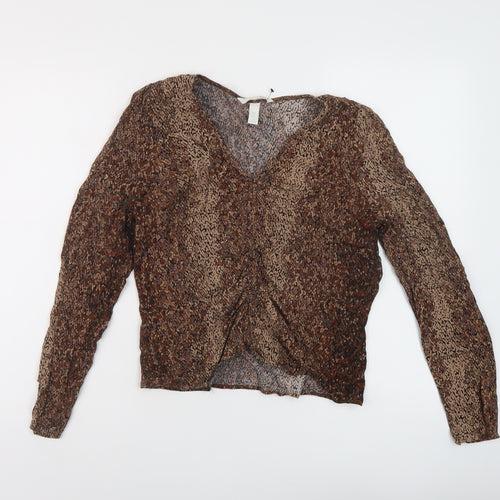 H&M Womens Brown Geometric Viscose Basic Blouse Size 12 V-Neck