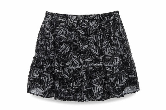 Front view of Andy & Lucy women’s black geometric viscose skater skirt, size M