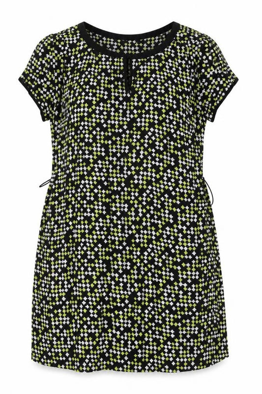 Front view of Monsoon women’s multicoloured geometric viscose tank dress, size UK 18, round neck pullover
