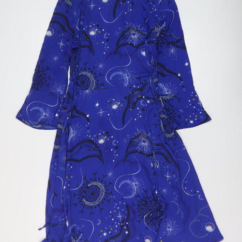 Marks and Womens Blue Geometric Polyester A-Line Size 8 Round Neck Zip