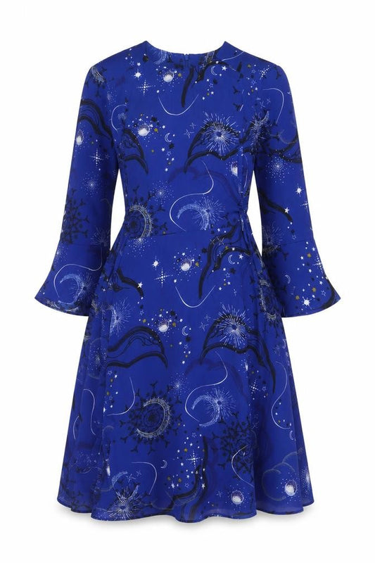 Front view of Marks & Spencer women’s blue geometric polyester a-line, size UK 8, round neck zip
