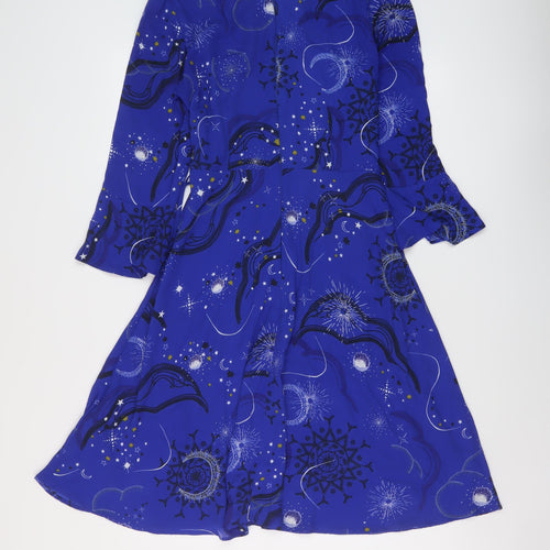 Marks and Womens Blue Geometric Polyester A-Line Size 8 Round Neck Zip