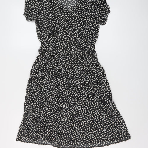Izabel Womens Black Floral Viscose A-Line Size 8 V-Neck Button